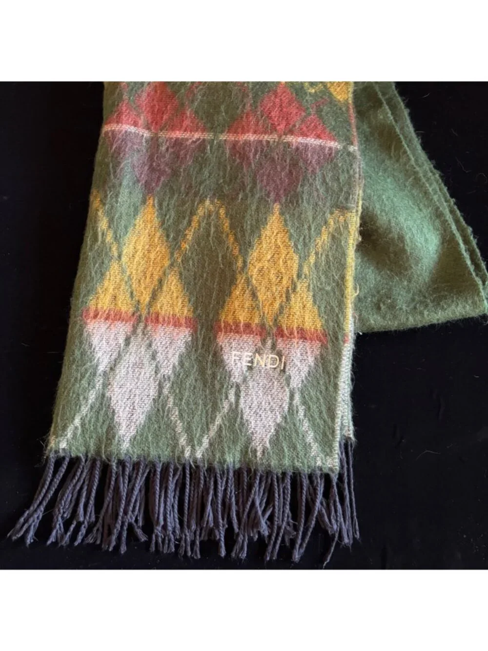 Vintage Scarf Fendi Italy Wool Green Yellow Argyle Plaid Designer Fringe Warm
